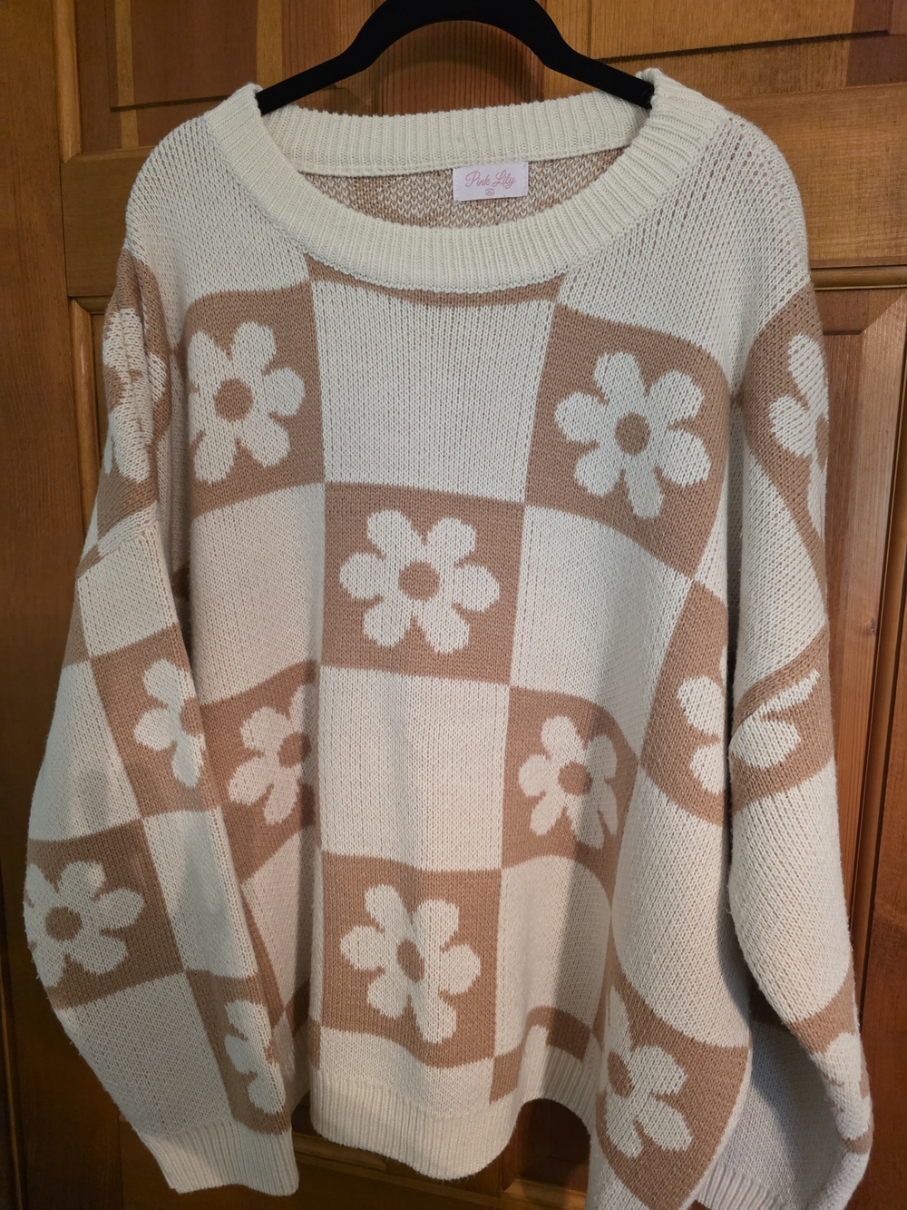 Pink Lily Cream & Tan Floral Checkerboard Knit Sweater